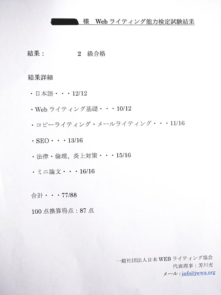 Webライティング能力検定試験結果